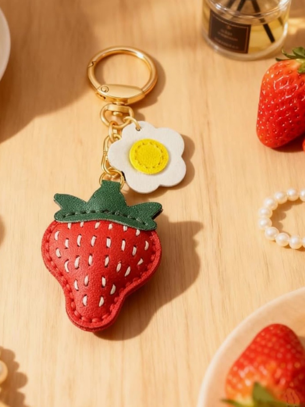 🍓 Strawberry & Daisy Vegan Leather Keychain Charm NWT